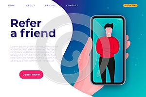 Affiliate program illustration concept. Refer a friend web stite page header template. Man at smartphone screen.