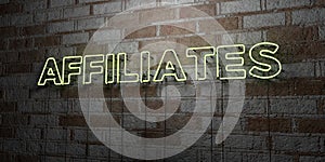 AFFILIATES - Glowing Neon Sign on stonework wall - 3D rendered royalty free stock illustration