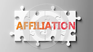 Affiliation complex like a puzzle - pictured as word Affiliation on a puzzle pieces to show that Affiliation can be difficult and photo