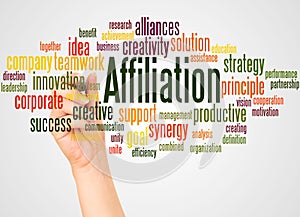 Affiliation word cloud and hand with marker concept photo