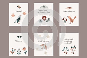 Affirmation cards with birds and flowers. Positive quotes, phrases, and sayings.