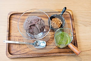 Affogato chocolate ice cream with green tea hot fudge photo