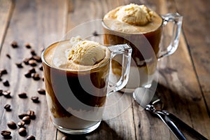 Affogato coffee on a rustic wooden table