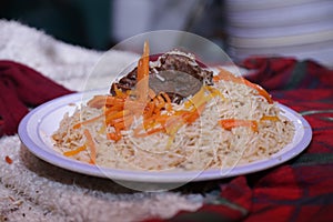 Afgani traditional rice on Plate with Carrot Slices and Meat - Close up View - Food Photography