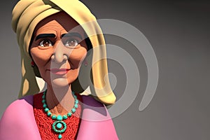 Afghan elderly woman looking intently in 3D render style, Generative AI