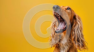 Afghan Hound, angry dog baring its teeth, studio lighting pastel background