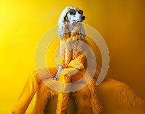 Afghan Hound dog puppy in luxury wealthy fancy chic luxurious impeccable fur feather fabric outfits isolated on bright background