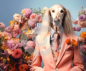 Afghan Hound dog puppy in smart suit, surrounded in a surreal garden full of blossom flowers floral landscape