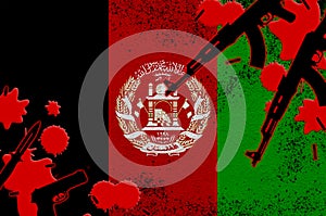 Afghanistan flag and guns in red blood. Concept for terror attack and military operations