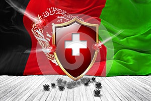 Afghanistan flag with Metal Shiny red shield. virus protection, hygiene shield. virus Vaccine Protection aganst coronavirus,