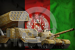 Afghanistan heavy military armored vehicles concept on the national flag background. 3d Illustration