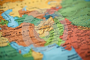Afghanistan on a map. Selective focus on label