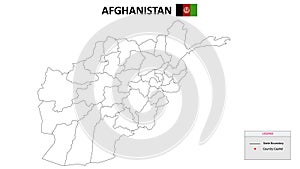 Afghanistan Map. State and district map of Afghanistan. Political map of Afghanistan with outline and black and white design
