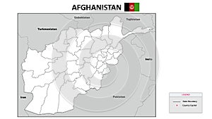 Afghanistan Map. State and district map of Afghanistan. Political map of Afghanistan with outline and black and white design
