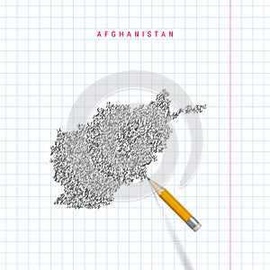 Afghanistan sketch scribble vector map drawn on checkered school notebook paper background