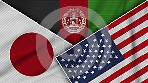 Afghanistan United States of America Japan Flags Together Fabric Texture Illustration