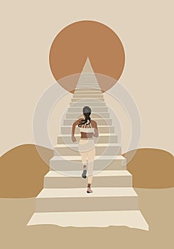 Illustration of woman walking up the stairs to the top of the pyramid shaped stairs in retro style