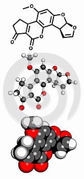 Aflatoxin B1 carcinogenic food contaminant molecule, molecular model