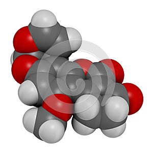 Aflatoxin B1 mold carcinogenic molecule. 3D rendering. Atoms are represented as spheres with conventional color coding: hydrogen