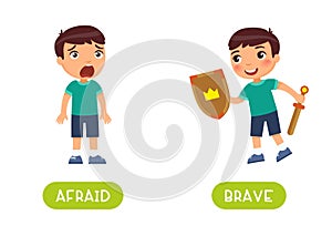 Afraid and brave antonyms word card vector template. Flashcard for english language learning.