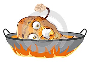 Afraid chicken drumstick in the frying pan, illustration, vector