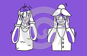 Afraid grandmother and grandfather, purple and white, emotion of fear, cover their face with their hands. Half body sketch style