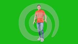 Afraid man evading from danger. Green background