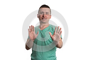 Afraid Man Gesturing Stop With Hands