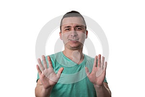 Afraid Man Gesturing Stop With Hands