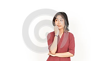 Afraid , nervous and bite nails Of Beautiful Asian Woman Isolated On White Background
