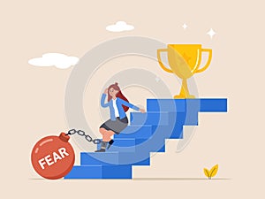 Afraid of progress forward concept. Depressed businesswoman sitting on stairway to success goal. Fear of failure