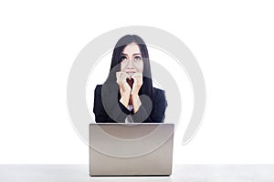 Afraid woman with laptop isolated over white