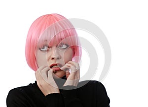 Afraid woman with pink hairs