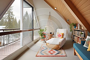 aframe cabin, balcony with reading nook photo