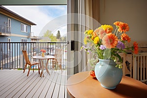 aframe with flowers, balcony, spring setting photo