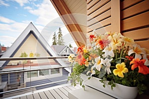 aframe with loft balcony, foreground of blooming flowers photo
