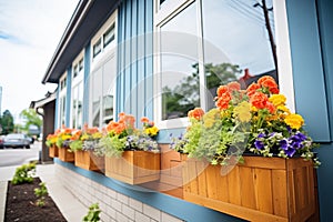 aframe with vibrant flowers in window boxes photo