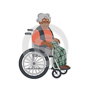 Afran american elderly woman in a wheelchair. Grandmother sitting on wheelchair on white background. Nursing home