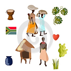 Africa and african people vector illustration set. Black women in skirt and hut in Africa, african flag and plants