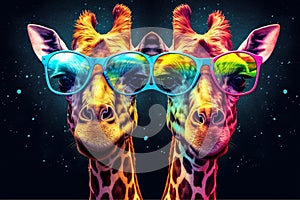 africa animal mammal colorful sunglasses zoo wildlife portrait neck giraffe. Generative AI.