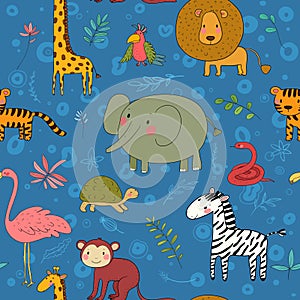 Africa animals pattern. Cartoon zoo. Funny elephant, bison, parrot, monkey and turtle.