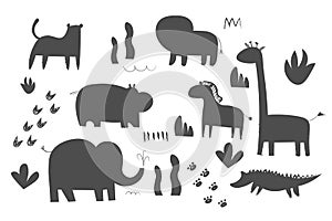 Africa animals silhouettes, isolated on white background vector illustration. Africa animals contour. Africa mammals big