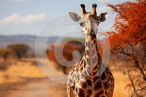 Africa background, giraffe in the savannah, tree in the savannah