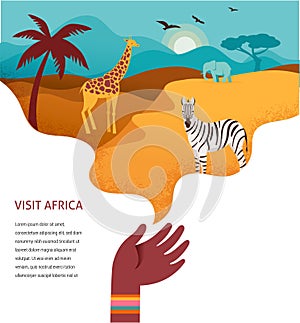 Africa banner, vector illustration of Safari, animals, tribal symbols