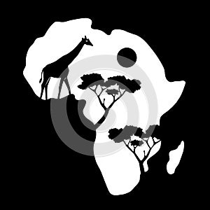 Africa. Black and white map of Africa continent with silhouette giraffe. Vector illustration