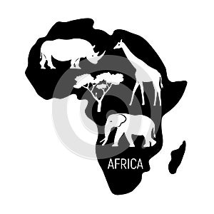 Africa. Black and white map of Africa continent with wild animals silhouettes - elephant, rhinoceros, giraffe. Eco