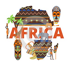 Africa continent map, african travel design background concept, vector illustration. Safari culture banner, outline with