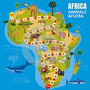 Africa continent map board game with set tropical animals, jungle flora for kids. Vector cartoon illustration