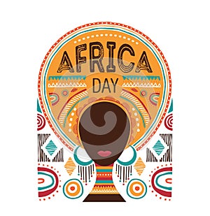 Africa day, Vector illustration with African woman, tribe ornaments and patterns.
