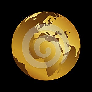 Africa golden 3d metal planet backdrop view . World map vector illustration on black background